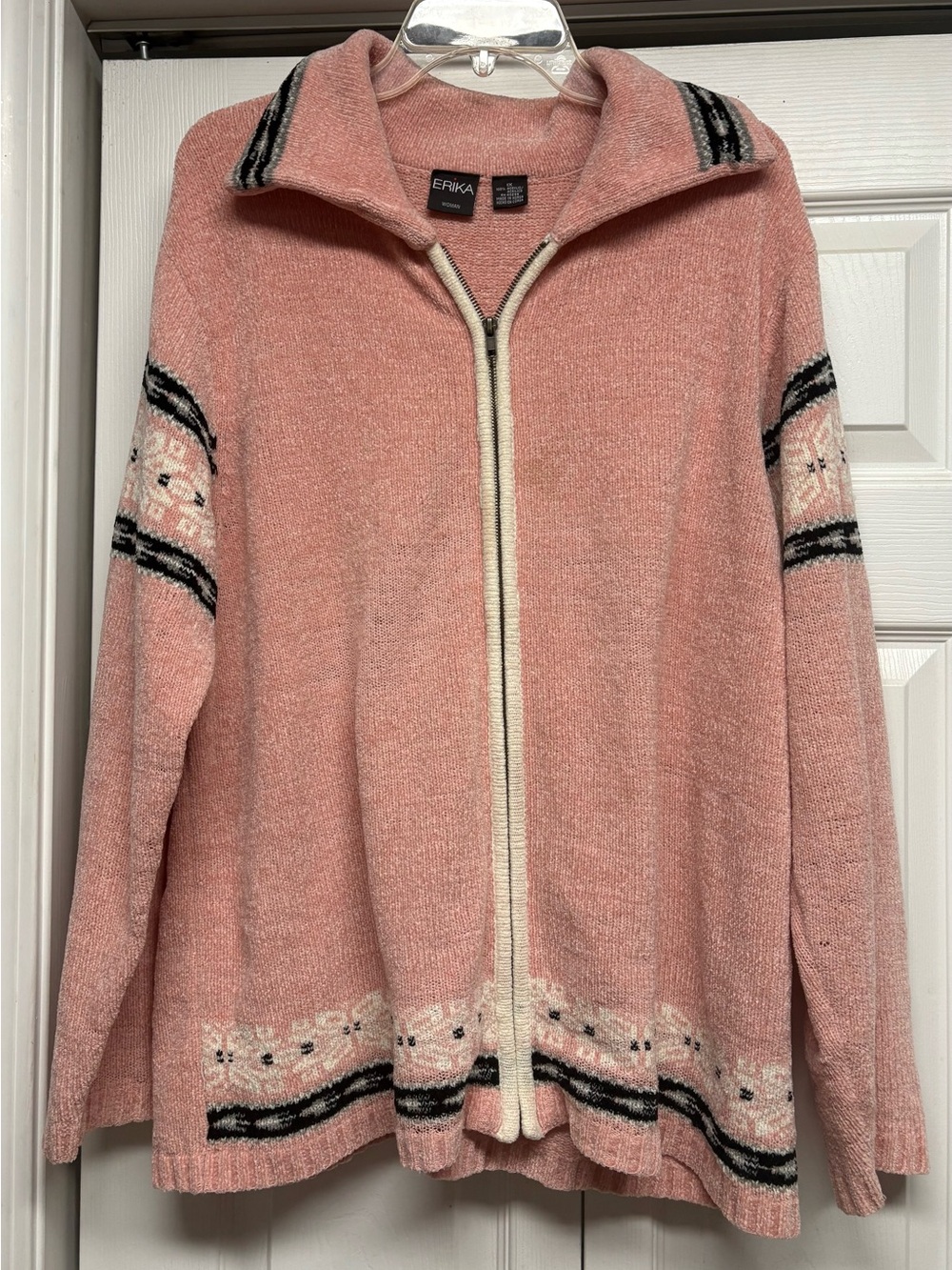 Erika Dusty Pink Zip-Up Cardigan with Patterned Trim